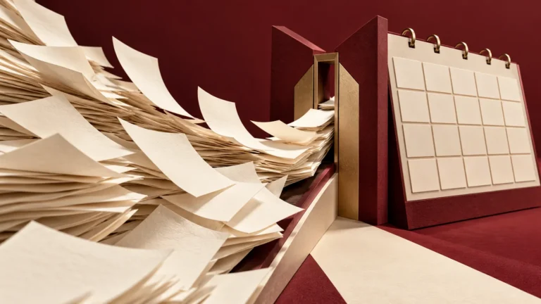 Blank research papers flow through a narrow gate beside an abstract calendar