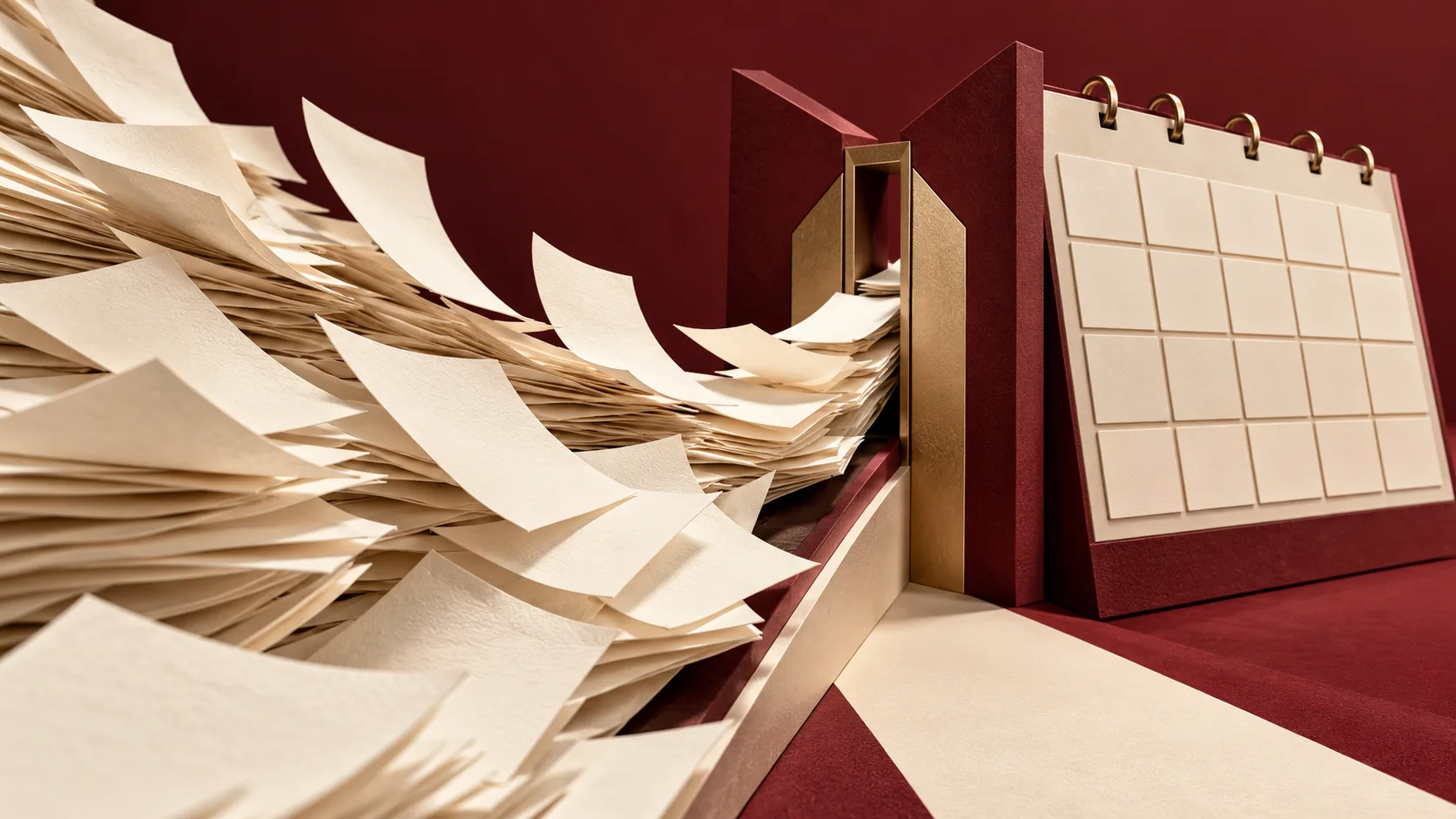 Blank research papers flow through a narrow gate beside an abstract calendar