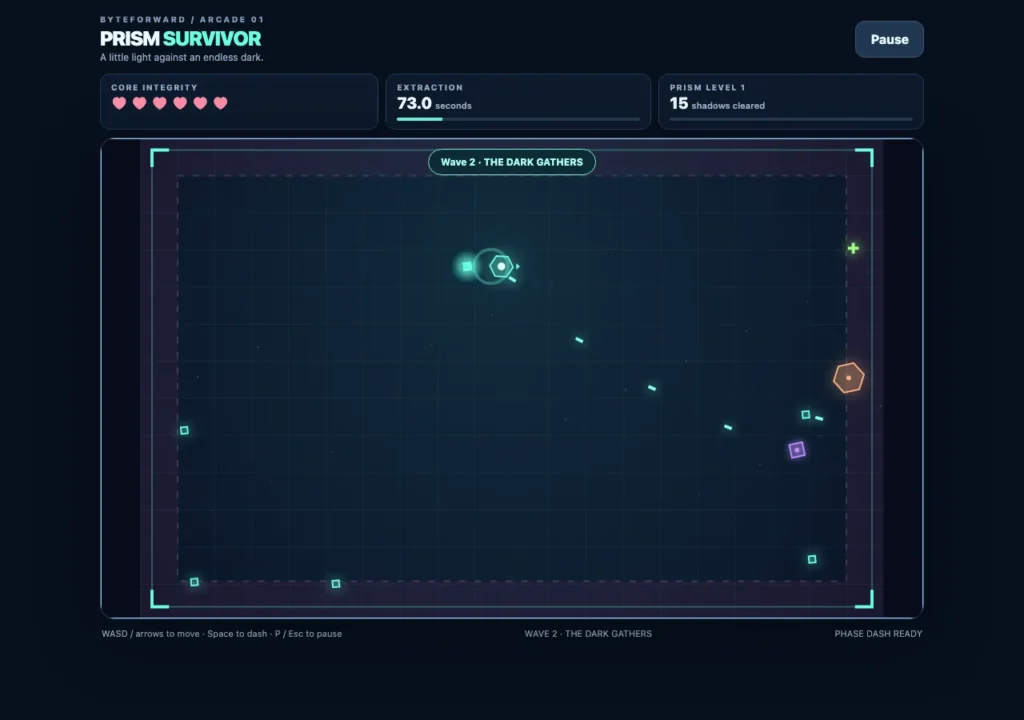 Prism Survivor arena with a glowing cyan player and incoming geometric enemies.