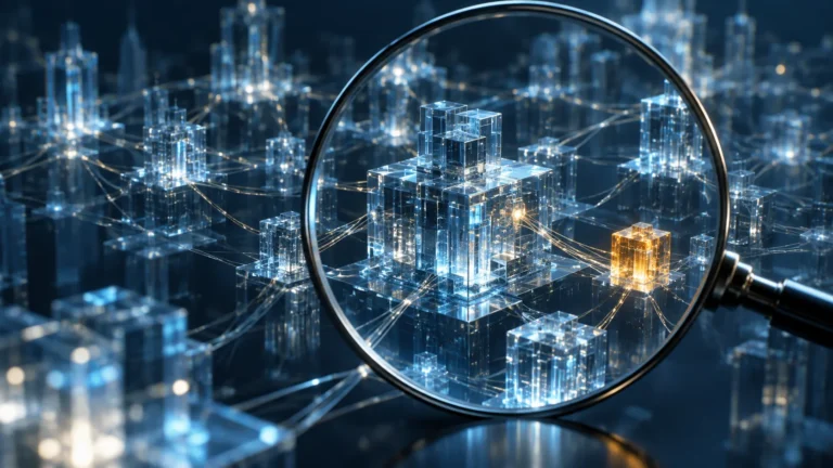 A lens examines connected glass structures with one amber node