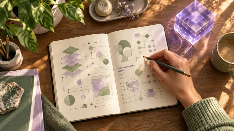 A hand reviews abstract diagrams in a notebook beside a violet cube