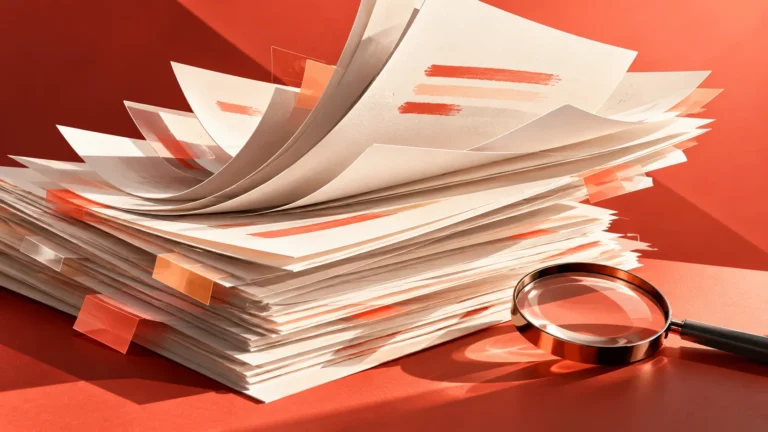 Layered document pages carry coral review strokes beside a magnifying glass