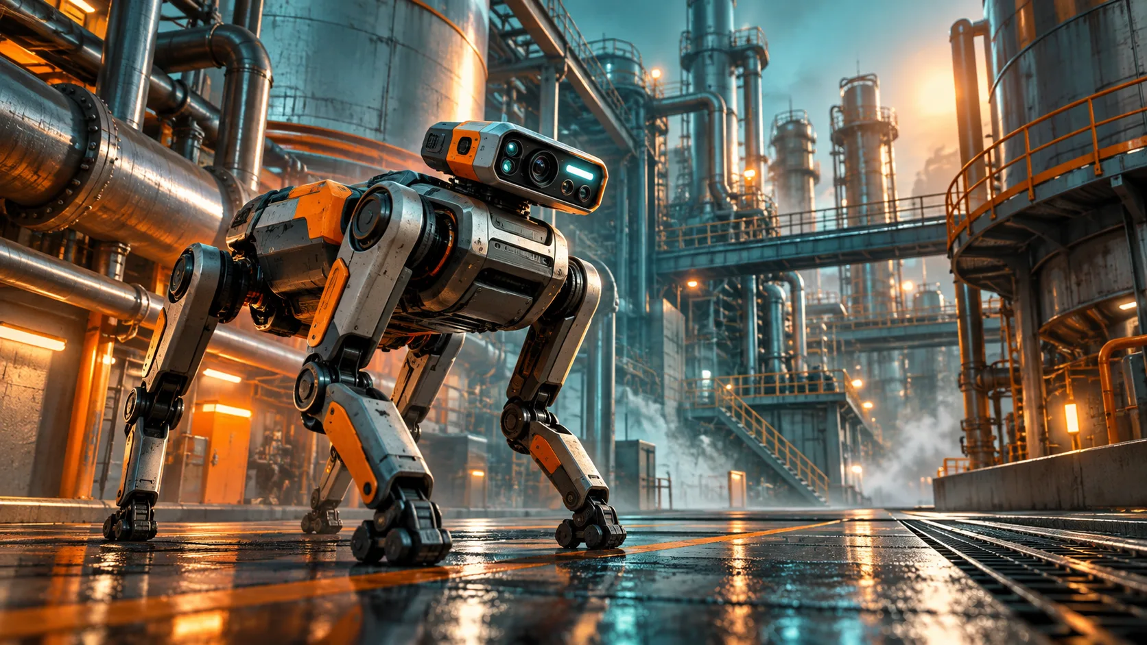 A conceptual inspection robot stands among pipes and tanks in an imagined factory