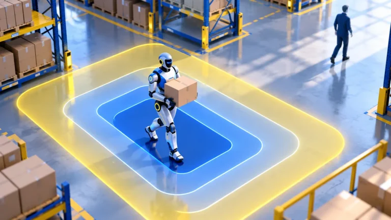 A conceptual warehouse robot carries a carton within luminous safety zones