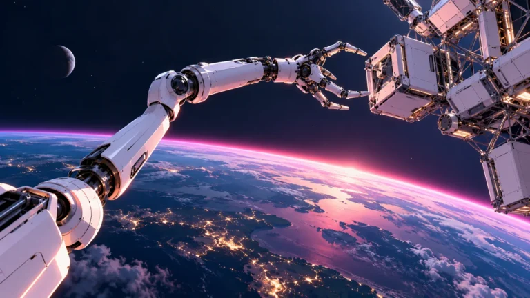 An imagined orbital robotic arm reaches toward a modular structure above Earth