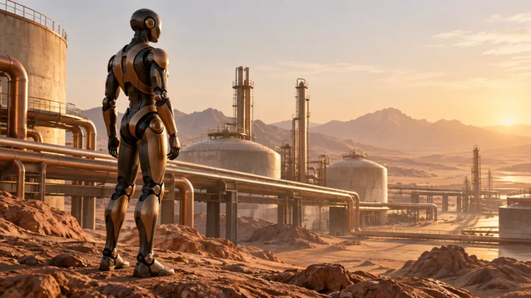 A conceptual bronze humanoid looks across an imagined industrial energy facility
