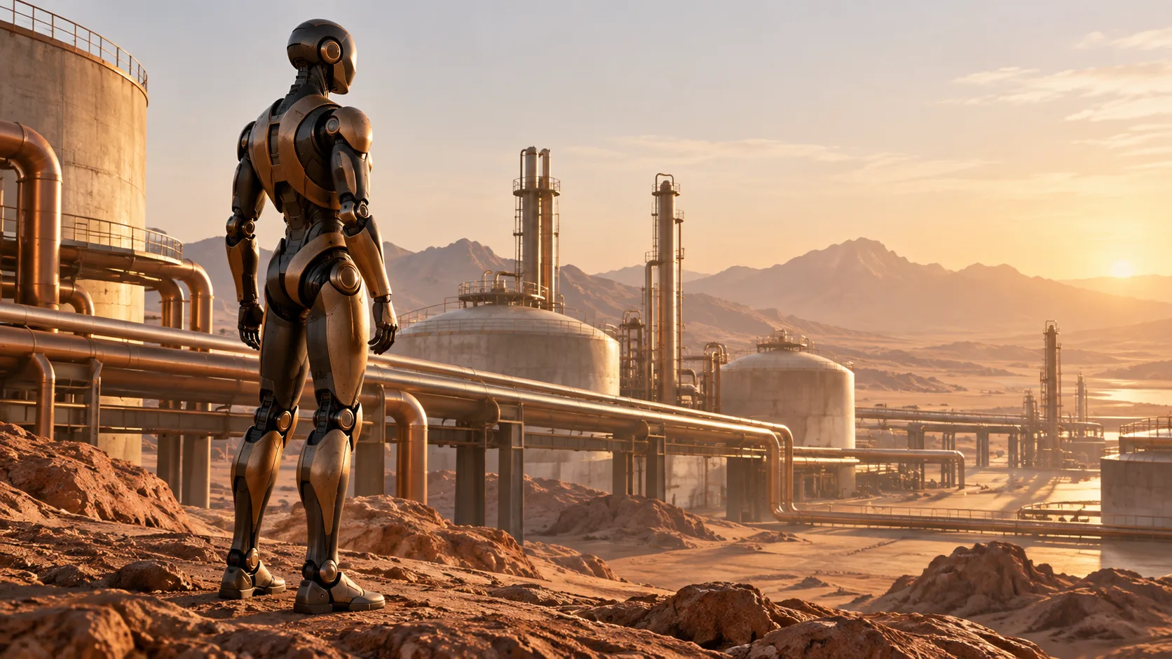 A conceptual bronze humanoid looks across an imagined industrial energy facility
