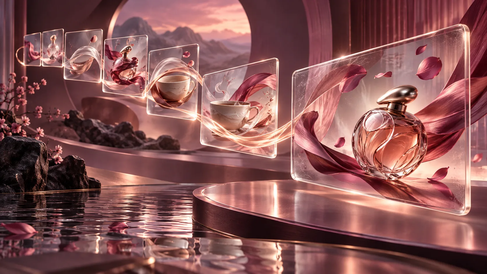 A ribbon connects abstract advertising storyboard frames in a rose colored studio