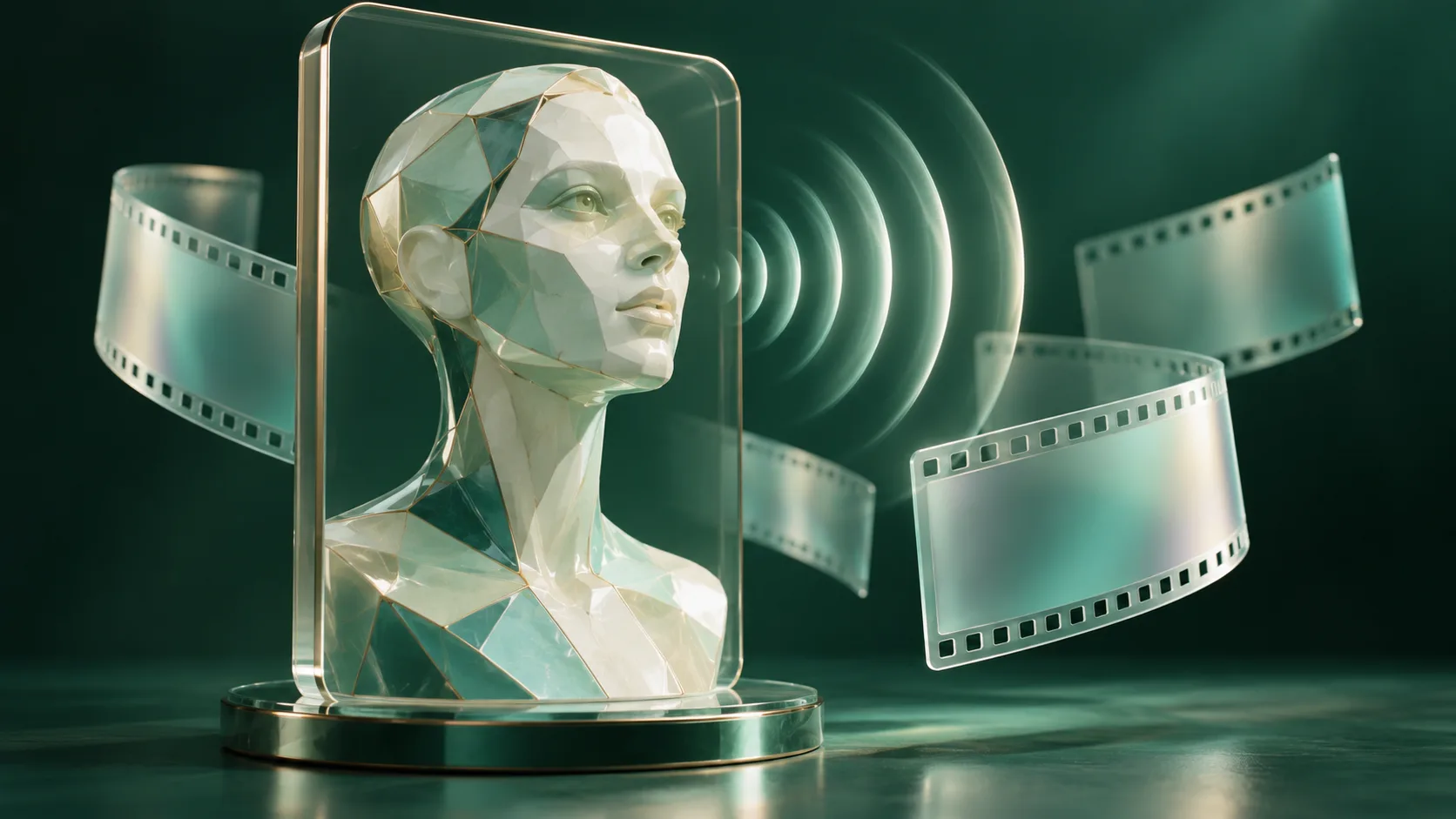 A sculpted synthetic avatar appears within a translucent frame beside abstract sound ripples