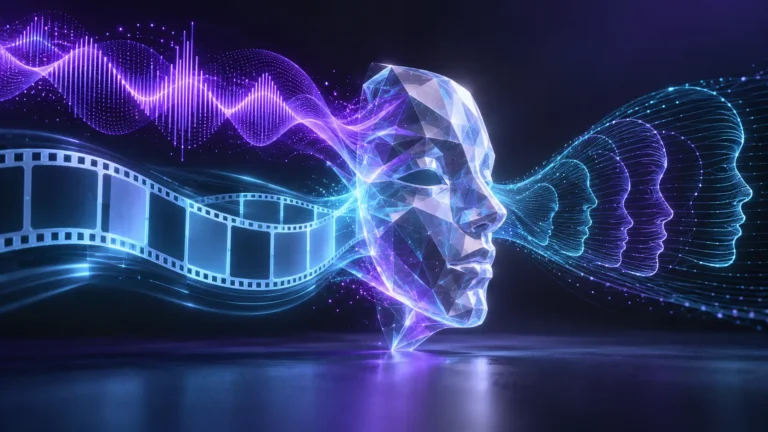 Abstract sound waves film frames and facial contours converge around a translucent mask