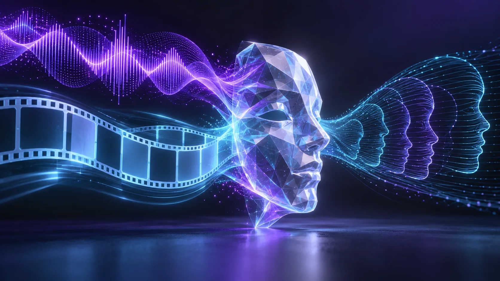 Abstract sound waves film frames and facial contours converge around a translucent mask