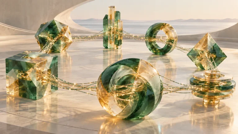 Translucent geometric agent sculptures connect through braided streams of light