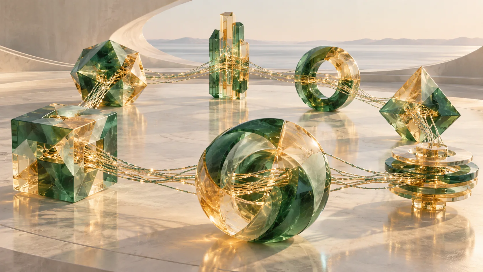 Translucent geometric agent sculptures connect through braided streams of light