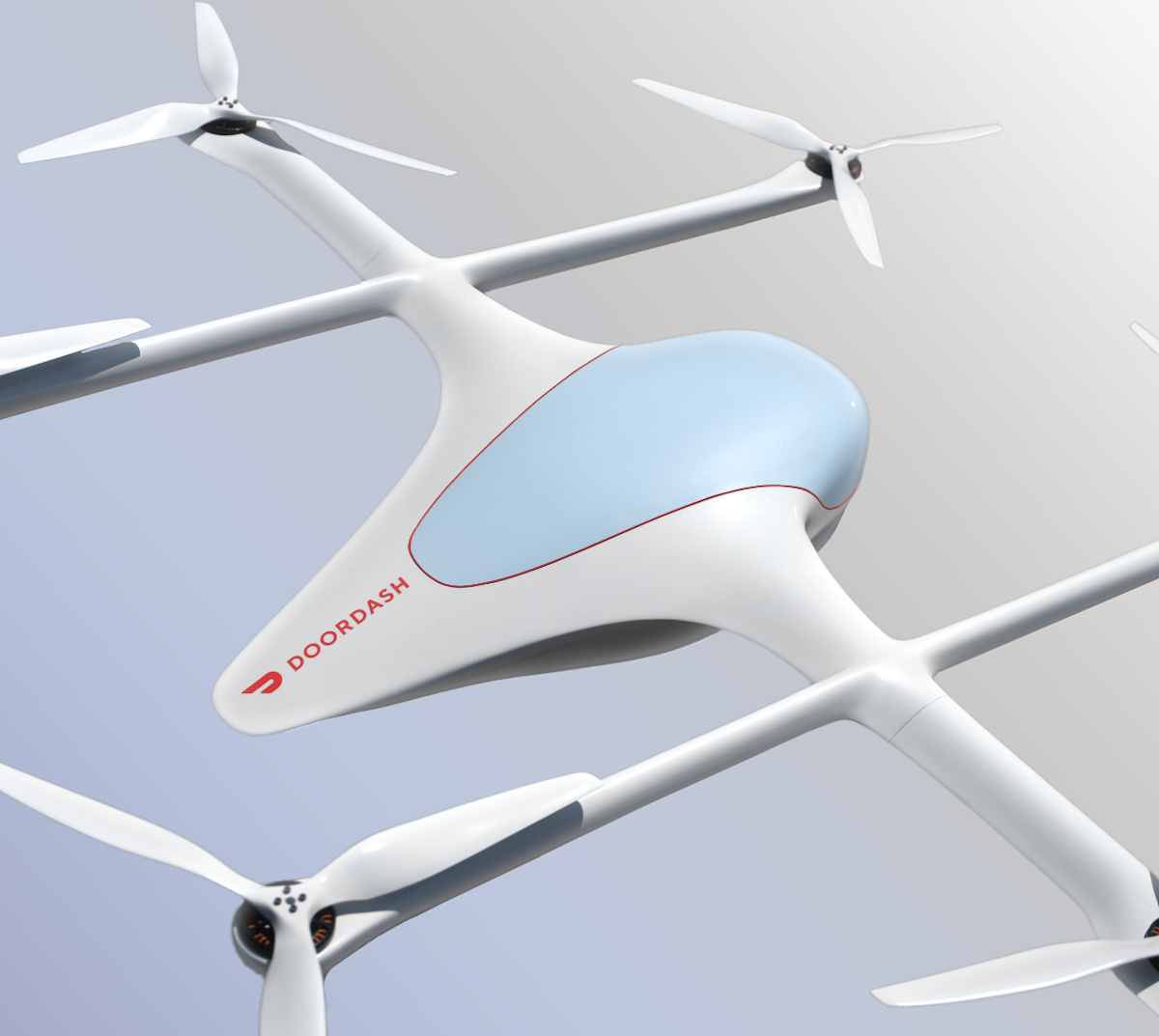 Official DoorDash illustration of its white delivery drone with a blue cargo cover