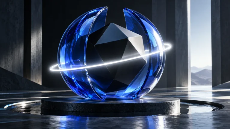 A luminous ring surrounds a sealed dark core within a transparent blue shell