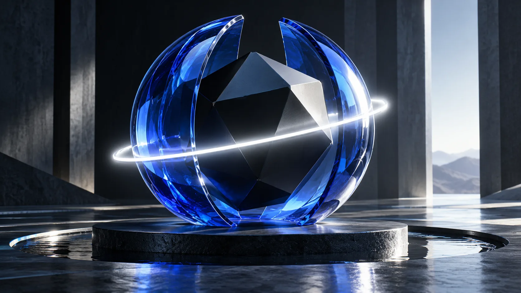 A luminous ring surrounds a sealed dark core within a transparent blue shell