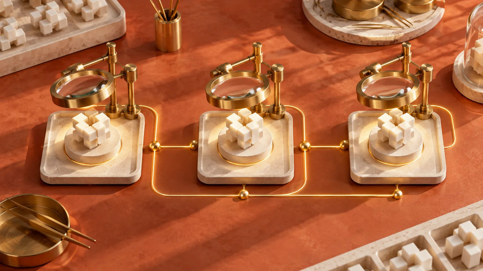 Three matching modular test setups sit beneath brass lenses on a warm laboratory bench