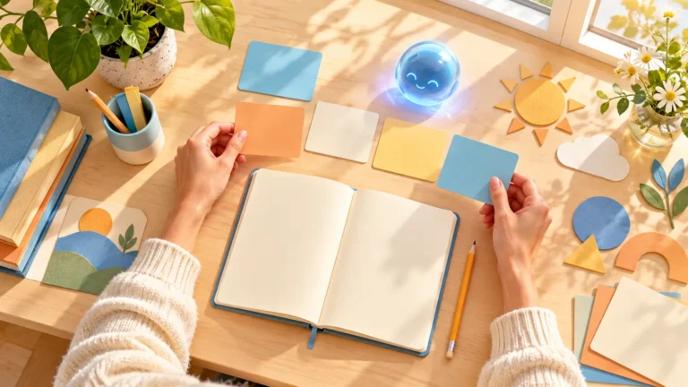 An adult teacher arranges blank lesson cards beside a notebook and a small blue helper orb