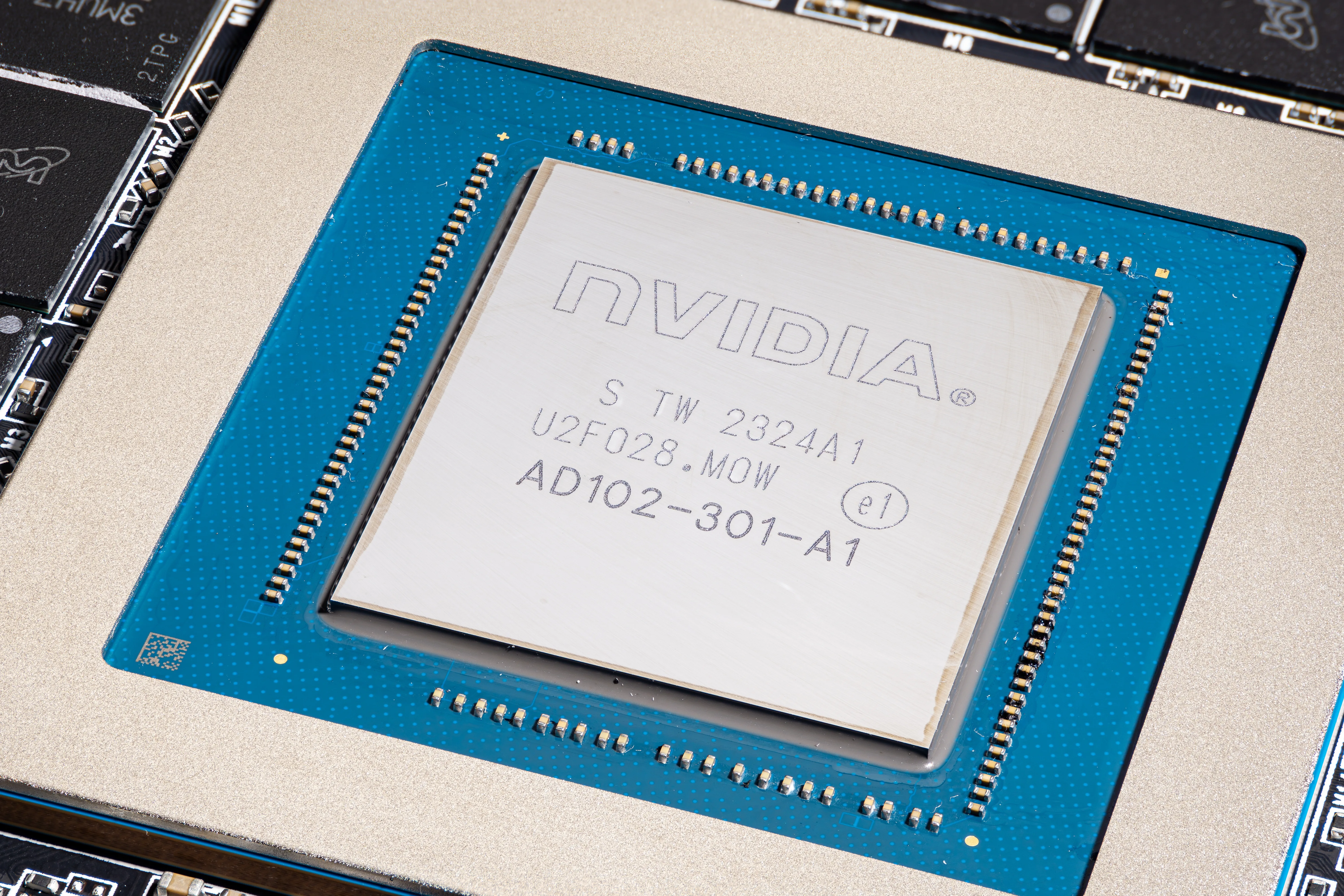 Close view of an NVIDIA GeForce RTX 4090 chip