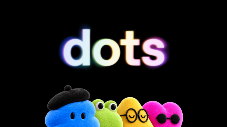 OpenAI dots launch artwork with colorful lettering and four plush characters