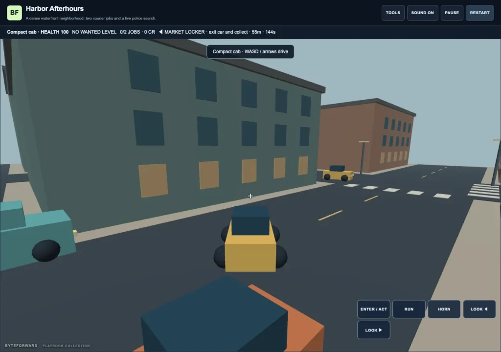 A gold compact cab on a low-poly city street in Harbor Afterhours, with the market-locker courier objective and driving controls visible.