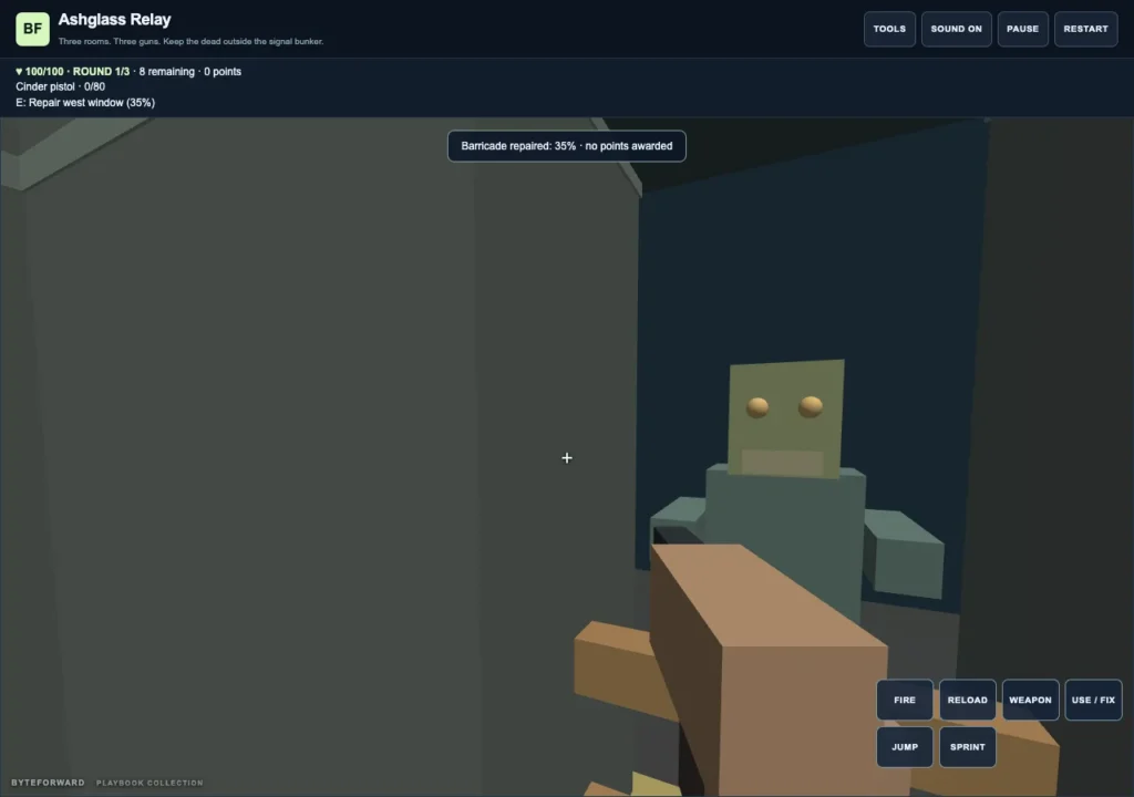 A husk behind a wooden window barricade in Ashglass Relay, with the first-person weapon and a 35% barricade-repair message visible.