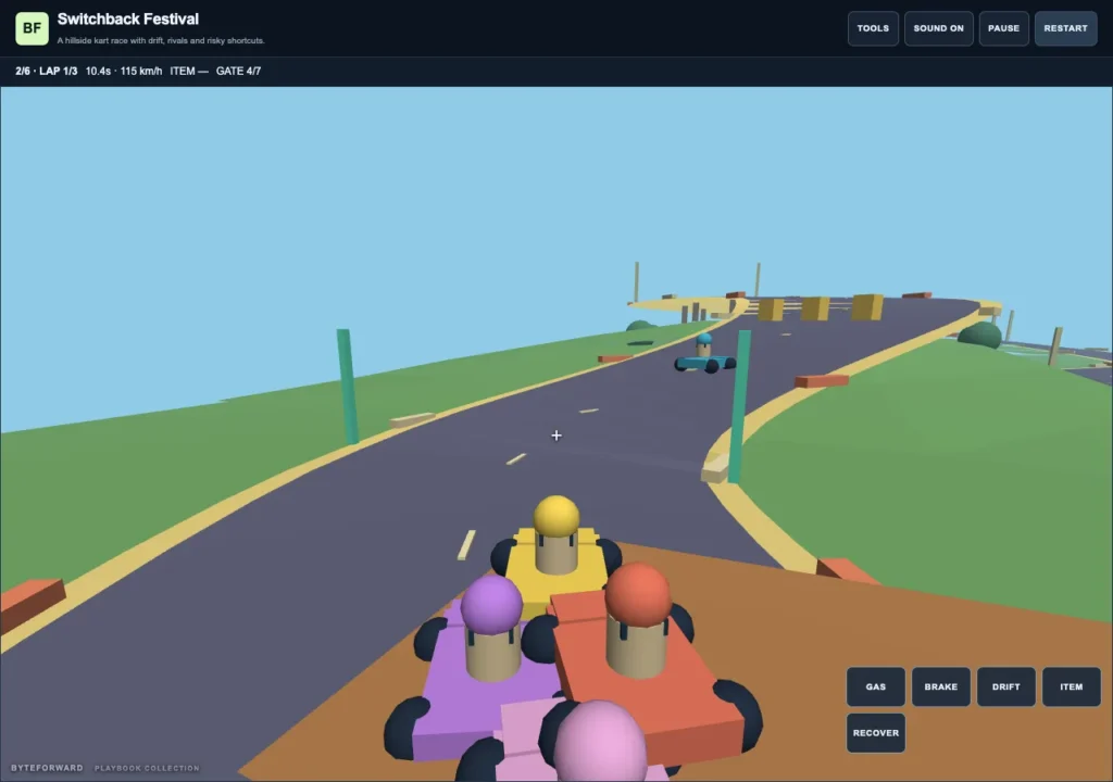 Colorful karts crowd a hillside track in Switchback Festival, with checkpoint gates, item crates, and the lap counter visible.