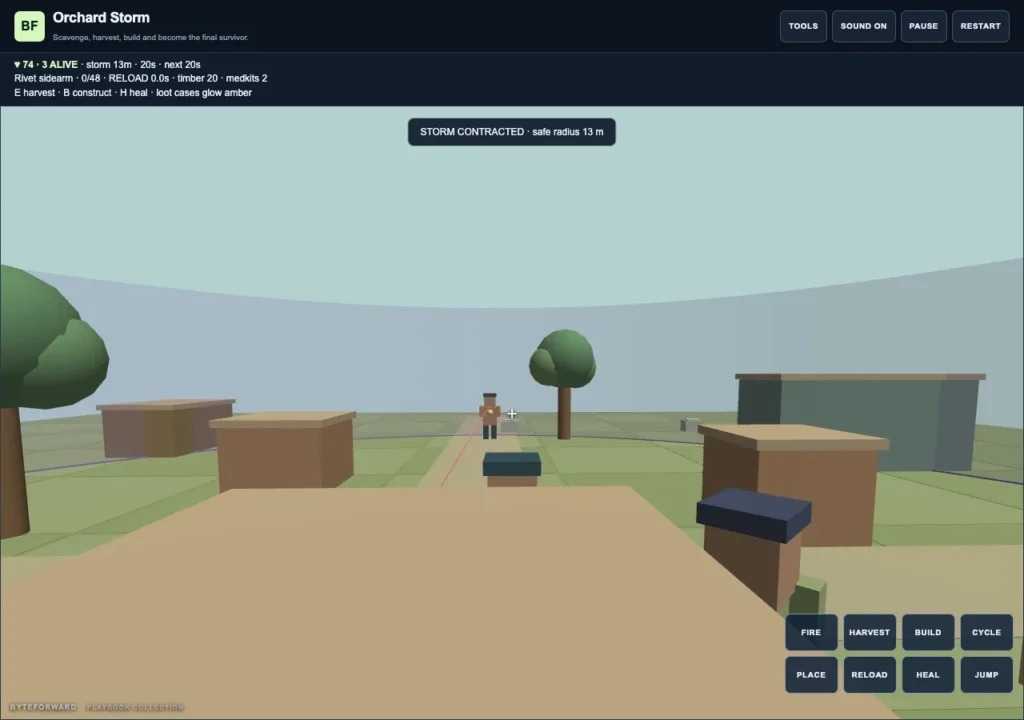 Orchard Storm combat among trees and low-poly structures, with a rival ahead and a notice that the storm has contracted to 13 meters.