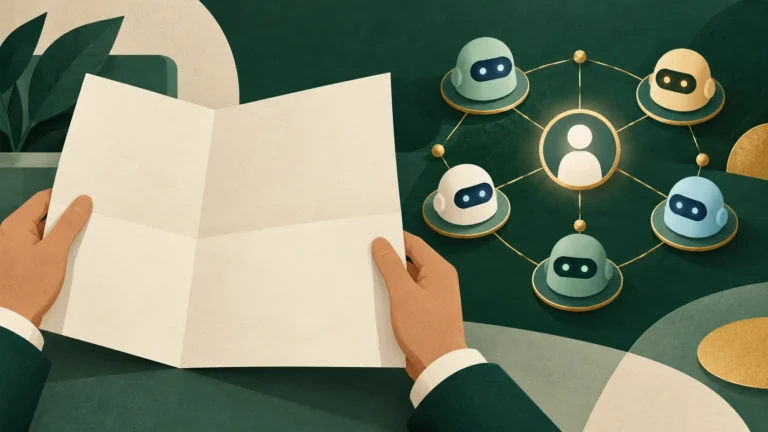 Hands reviewing a blank document beside an AI agent network centered on a human oversight symbol