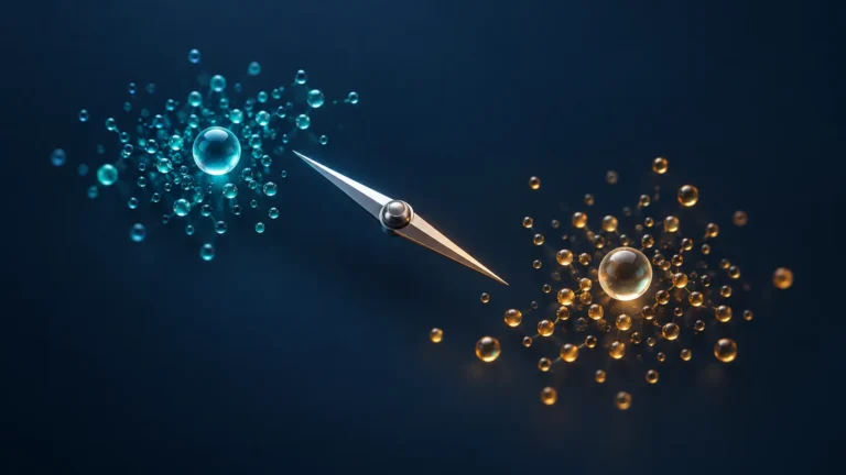 Conceptual compass needle between teal and amber glass bead clouds representing contrasting references