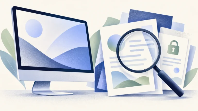 Desktop computer beside report pages with a magnifying glass and a privacy lock