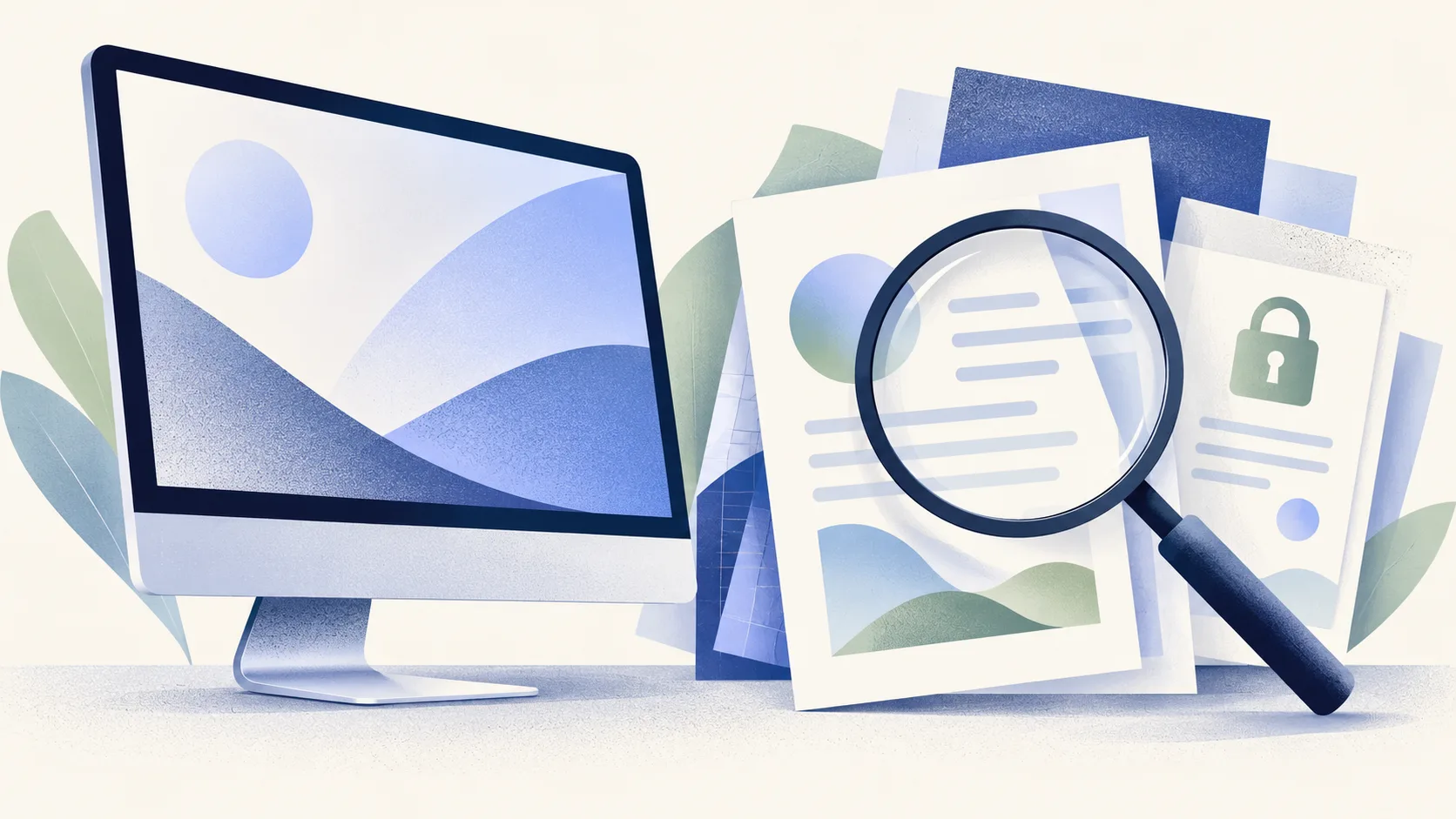 Desktop computer beside report pages with a magnifying glass and a privacy lock