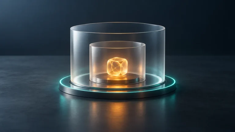 An amber computational object sits inside two translucent glass chambers surrounded by a teal observation ring