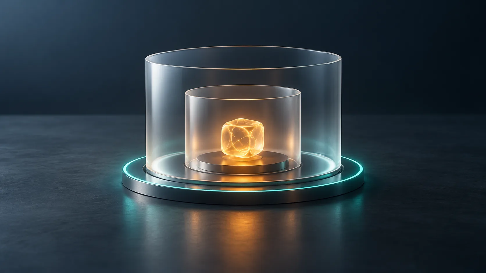 An amber computational object sits inside two translucent glass chambers surrounded by a teal observation ring