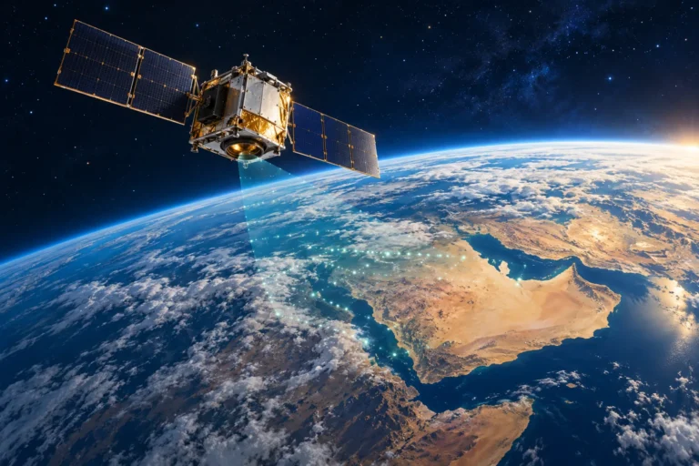 A generic satellite with dark solar panels above Earth and the Arabian Peninsula