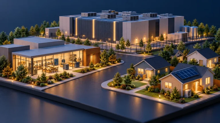Conceptual architectural model of a data center beside a training workshop and homes with solar panels and a heat pump