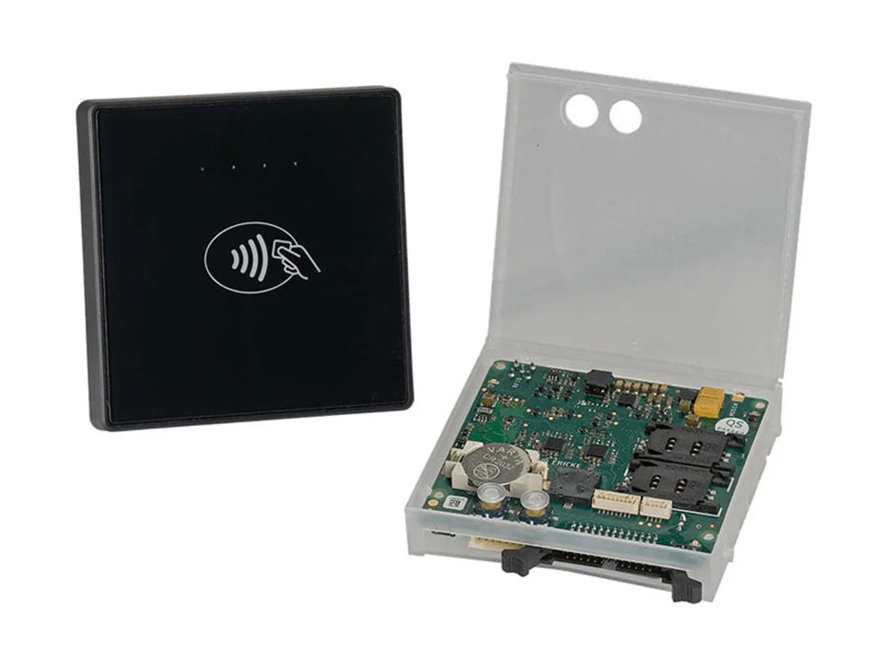 Contactless payment terminal with its cover removed to show the circuit board