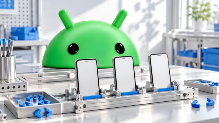 Android robot head behind three blank phone test fixtures and blue code symbols in an illustrated workshop.