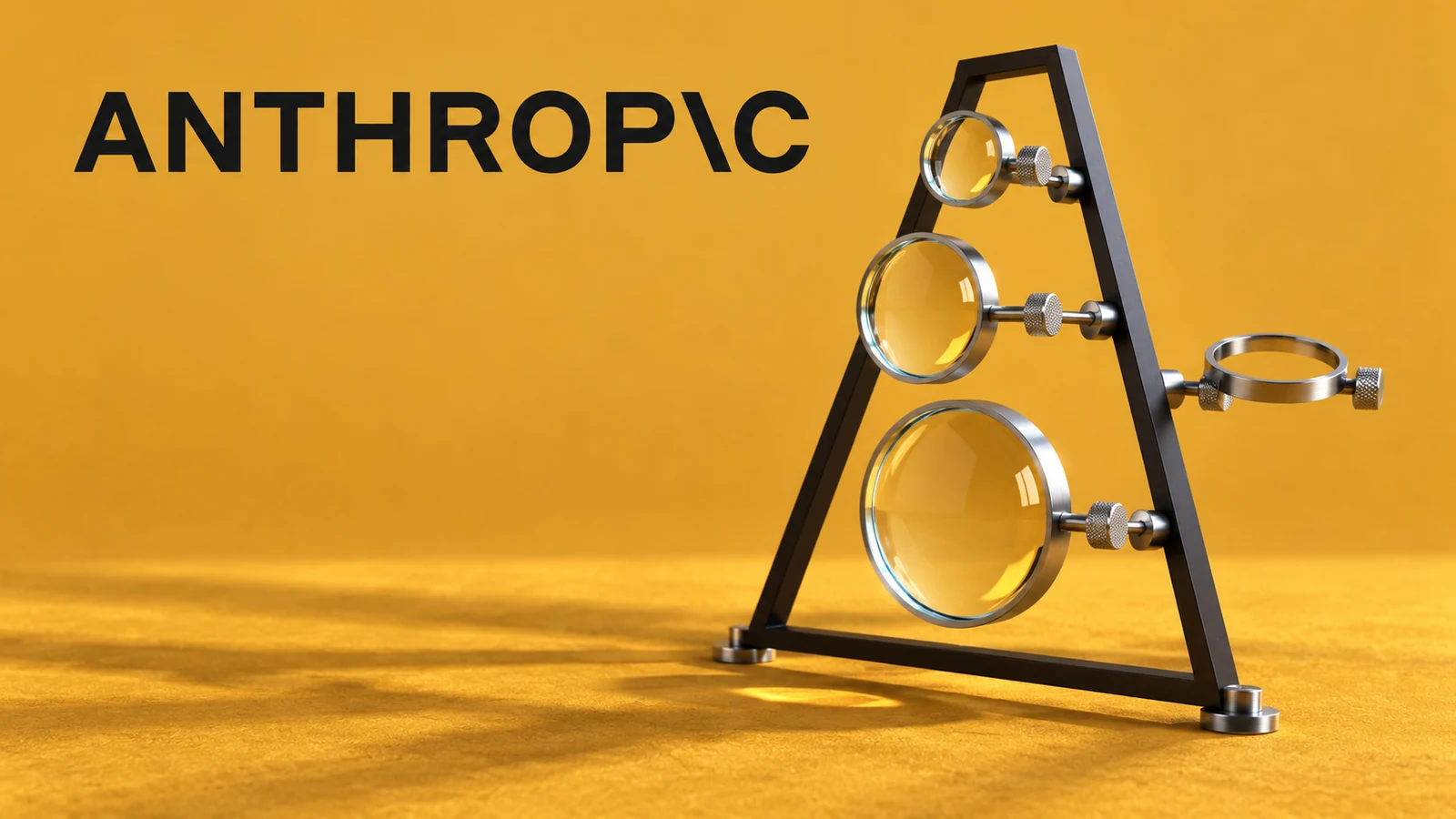 Anthropic wordmark beside a black open frame holding clear circular lenses and an empty silver mount on an ochre surface.