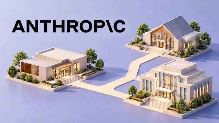 Anthropic wordmark above three illustrated public-service buildings connected by a branching path.