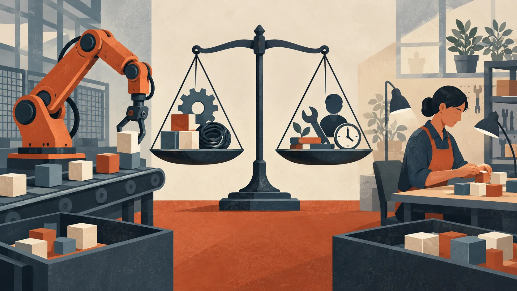 Conceptual illustration comparing a robotic arm and a human worker with equipment and labor costs on a balance scale