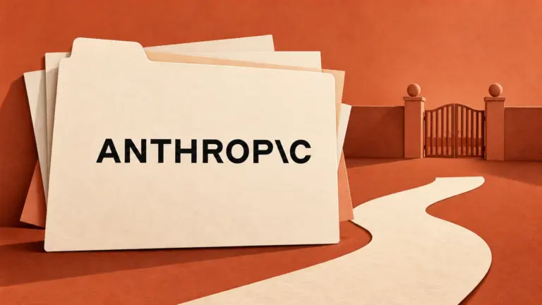 Anthropic wordmark on an illustrated paper folder beside an unfinished path and a closed gate.