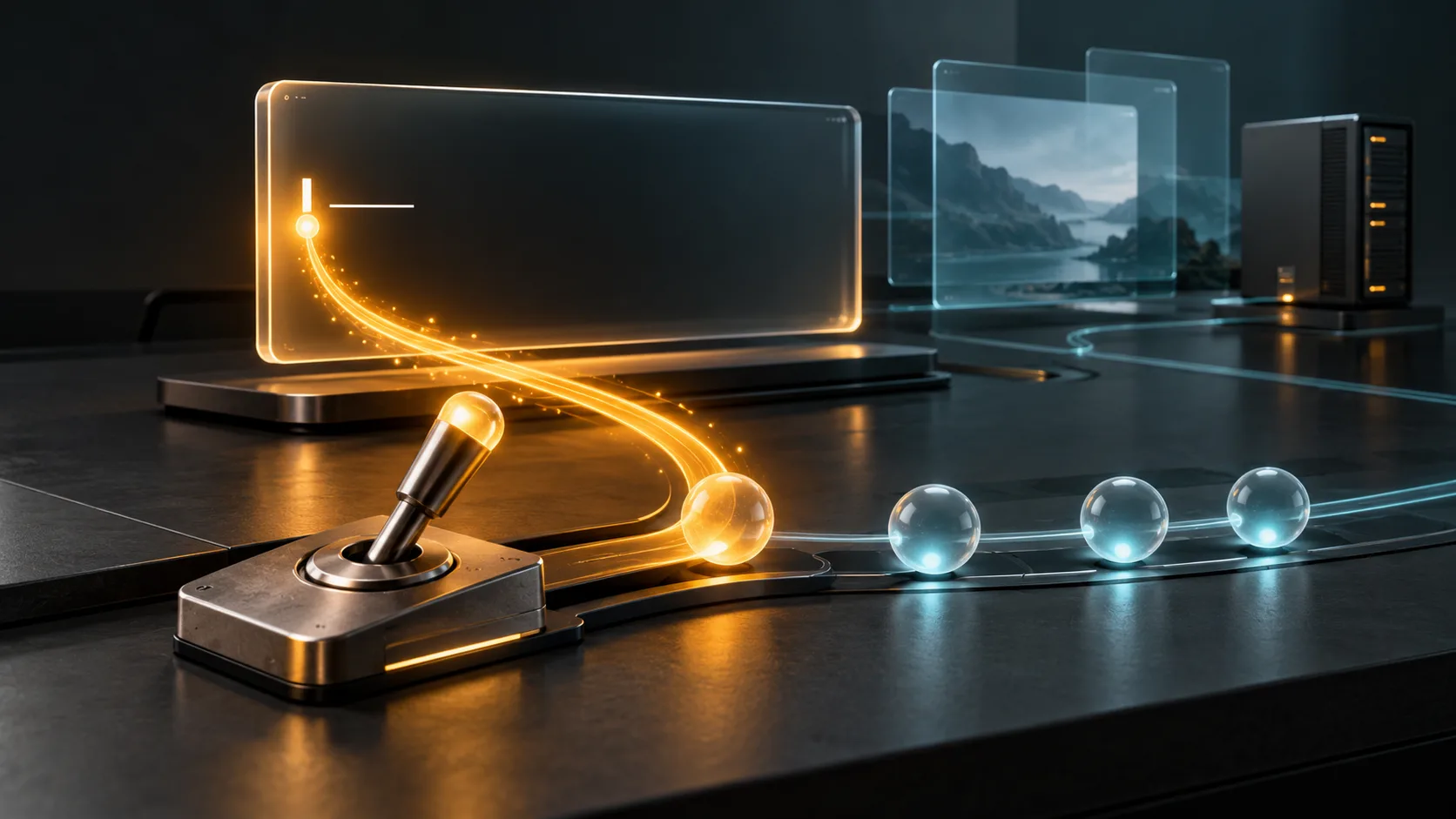 Conceptual illustration of a control lever sending an amber signal toward a terminal while blue signals wait in a queue