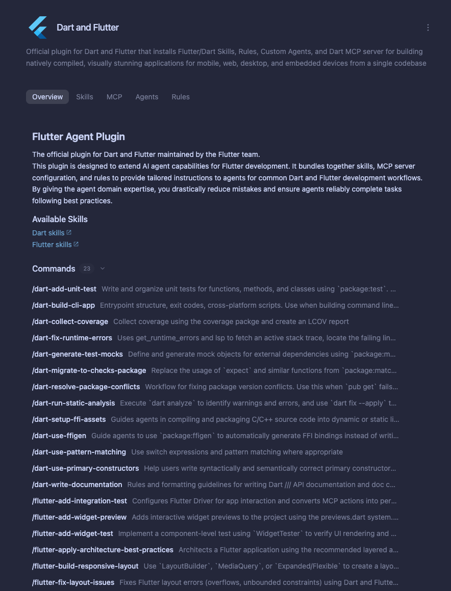 Official Google Antigravity documentation screenshot of the Dart and Flutter plugin, with component tabs and commands