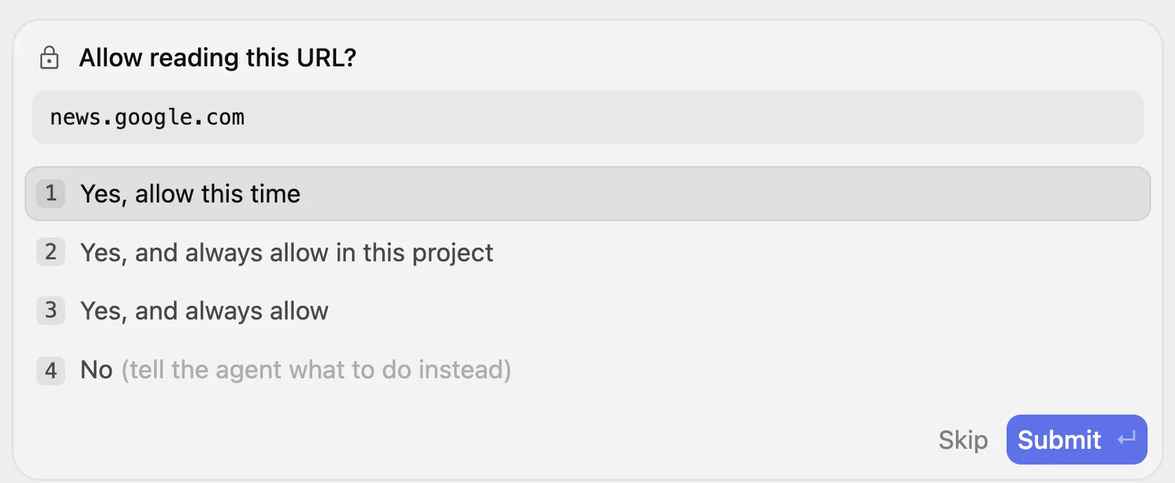 Antigravity permission dialog for reading news.google.com