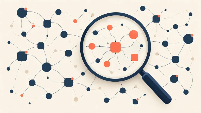 A magnifying glass reveals coral agent nodes and their connections within a navy network on an ivory background