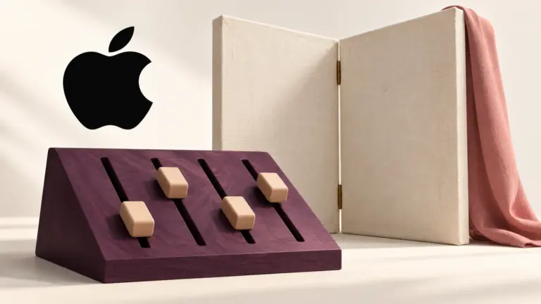 Apple logo beside an aubergine wooden slider sculpture and blank canvas panels with a rose fabric drape.