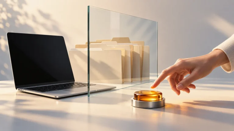 A hand reaches toward an amber button beside a silver laptop and paper folders behind a glass panel