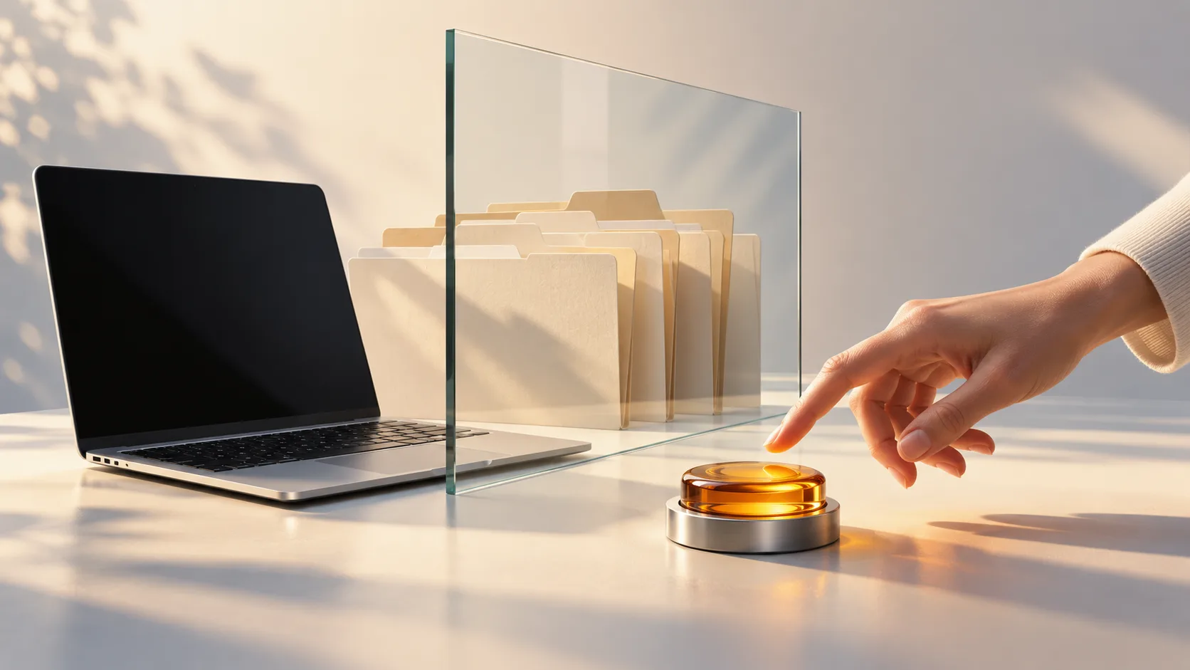 A hand reaches toward an amber button beside a silver laptop and paper folders behind a glass panel