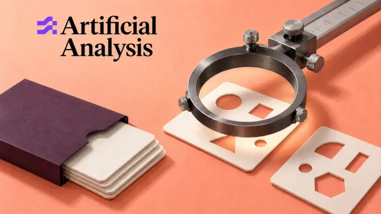 Artificial Analysis logo above an illustrated measurement ring, geometric test plates and a plum sleeve of face-down cards on a peach surface.